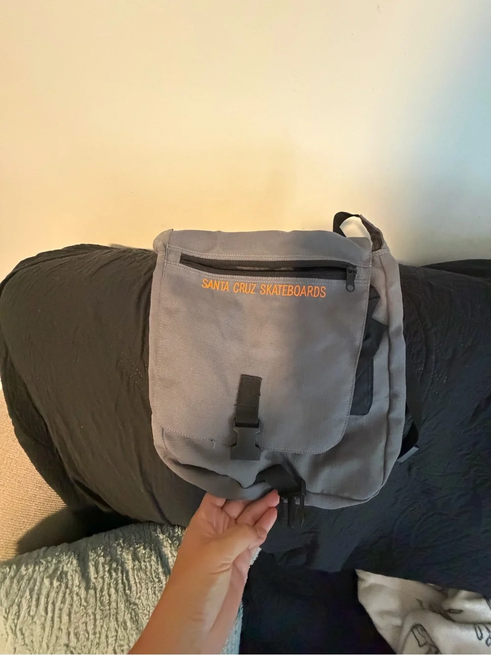 Santa Cruz Skateboards Gray Crossbody Messenger with Black Strap and Orange Logo